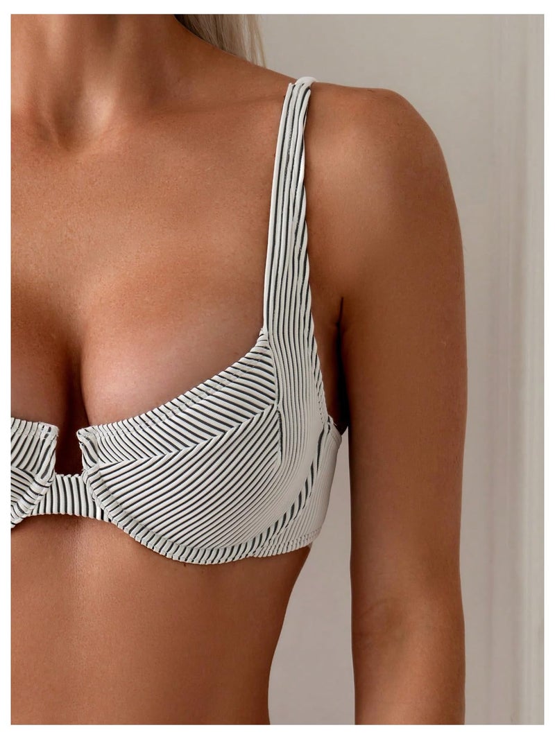 SweatyRocks Women's 2 Piece Bikini Set Striped Print Spaghetti Strap Push Up Swimsuit Black and White Large - Image 3