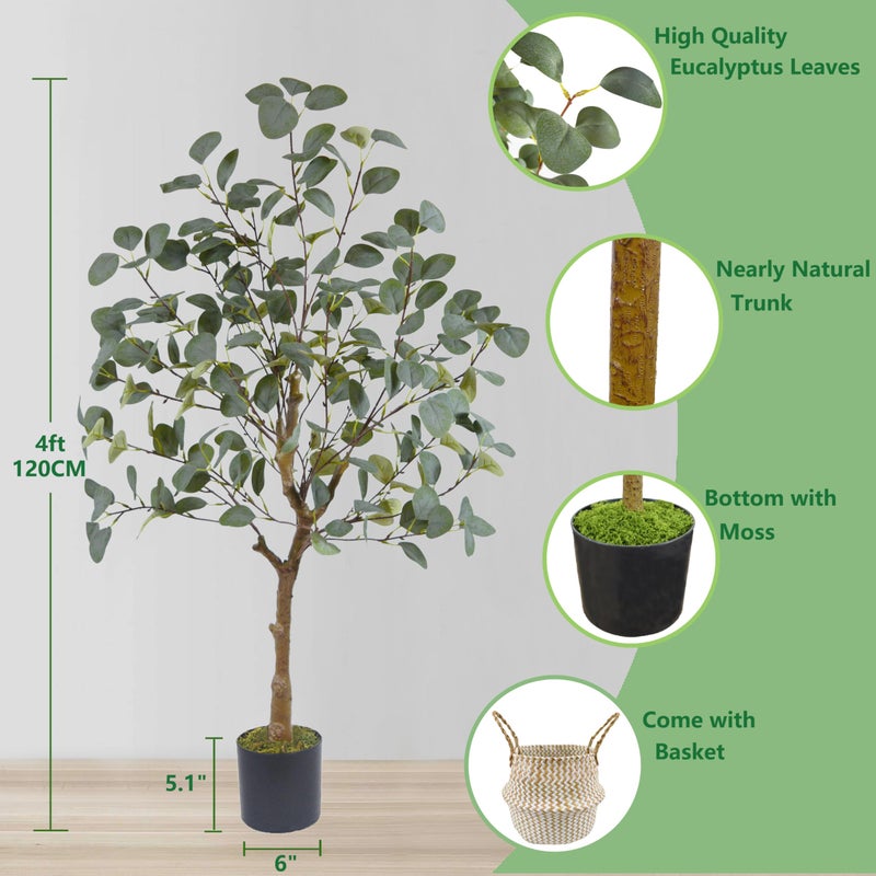 Warmplants Artificial Eucalyptus Tree, 4ft Tall Green Silk Leaves Perfect Faux Plant with Basket, Mordern Fake Eucalyptus Trees for Indoor Outdoor Home Office Livingroom Floor DÃ©cor - Image 3