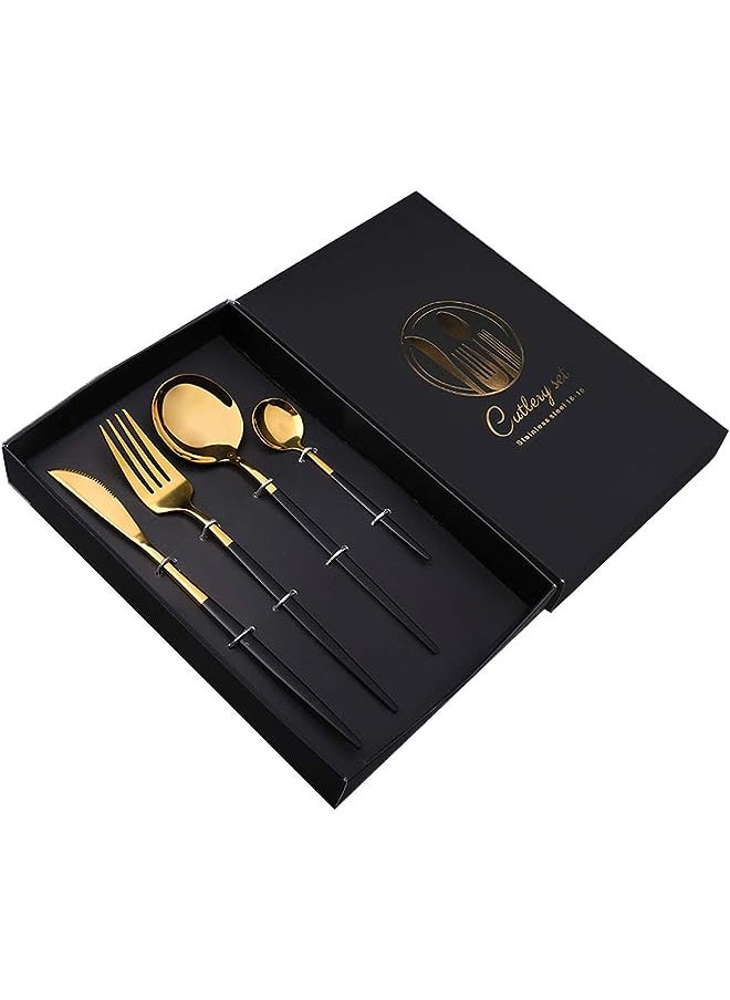 vesus 4 Pcs Stainless Steel Cutlery Set, Mirror Finish Flatware Set， Dinnerware Set Include Knife/Fork/Spoon/Teaspoon ( Black and Gold)  - Image 1
