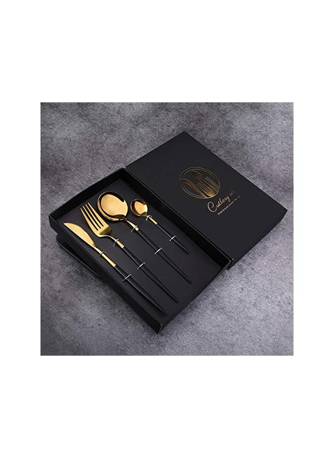 vesus 4 Pcs Stainless Steel Cutlery Set, Mirror Finish Flatware Set， Dinnerware Set Include Knife/Fork/Spoon/Teaspoon ( Black and Gold)  - Image 2