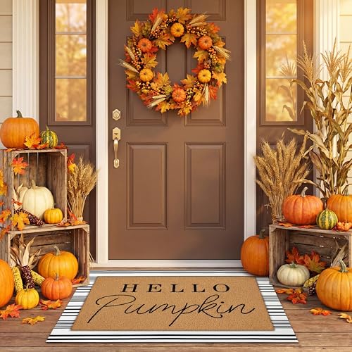 Tinideya 2 Pcs Door Mat Welcome Non Slip Coir Mats Floor Layering Doormats Seasonal for Front Porch Entryway DecorHello Pumpkin - Image 3