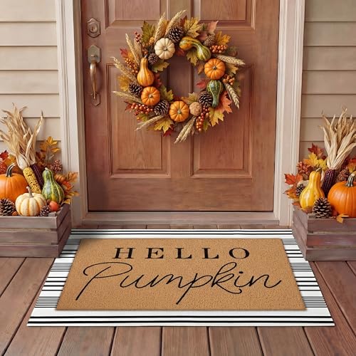 Tinideya 2 Pcs Door Mat Welcome Non Slip Coir Mats Floor Layering Doormats Seasonal for Front Porch Entryway DecorHello Pumpkin - Image 1