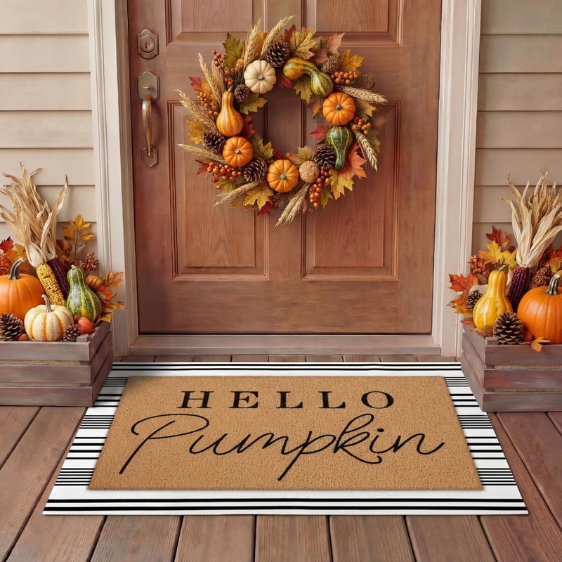 Tinideya 2 Pcs Door Mat Welcome Non Slip Coir Mats Floor Layering Doormats Seasonal for Front Porch Entryway DecorHello Pumpkin - Image 2