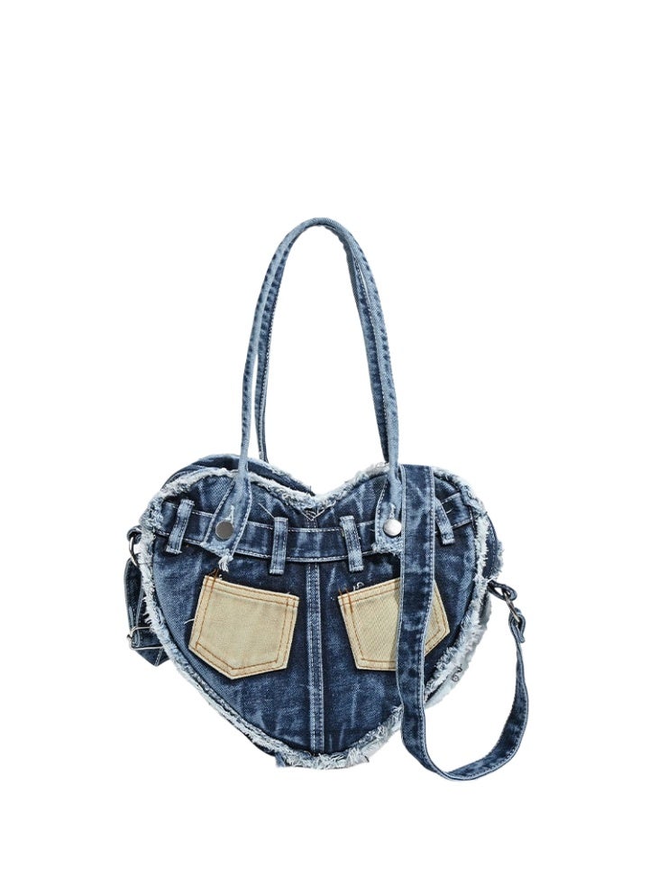 general Denim bag, high-end sense, large-capacity underarm bag, niche design, love washed denim shoulder bag, messenger female bag - Image 1