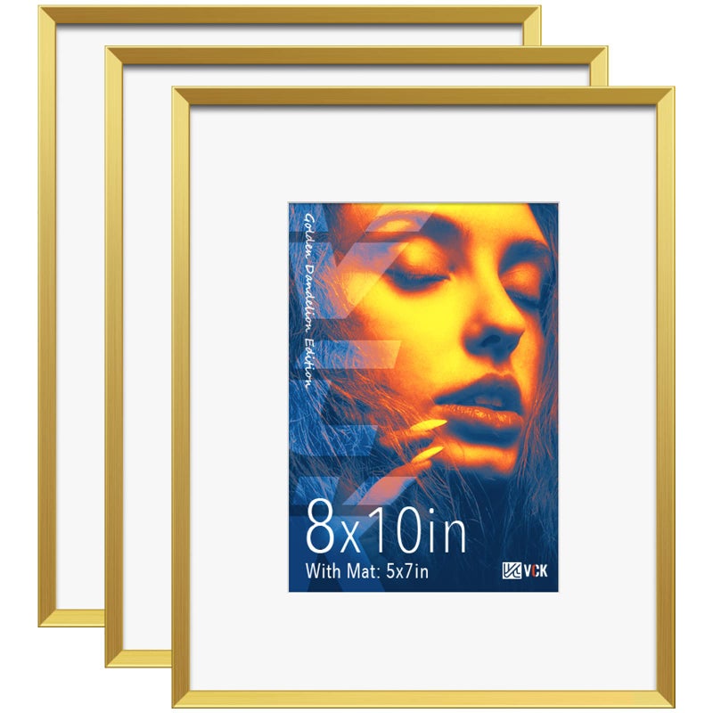 إطارات صور معدنية VCK 8x10 ذهبية مجموعة من 3 إطارات صور متعددة من الألمنيوم مصنوعة من زجاج حقيقي عالي الدقة لحجم 5x7 مع إطار أو 8x10 بدون إطار للتعليق على الحائط