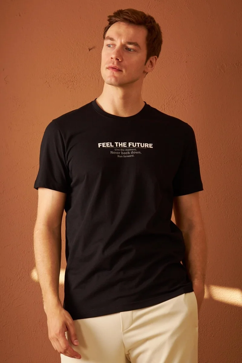 اوديلون Men's Comfort Fit Printed Cotton T-Shirt Black Feel The Future MARS12