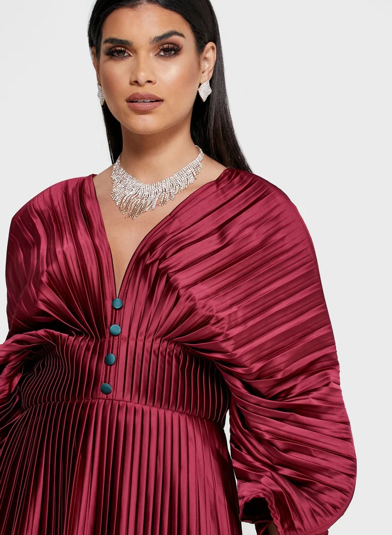 Threadz by Ajooni Button Down Plunge Pleated Dress