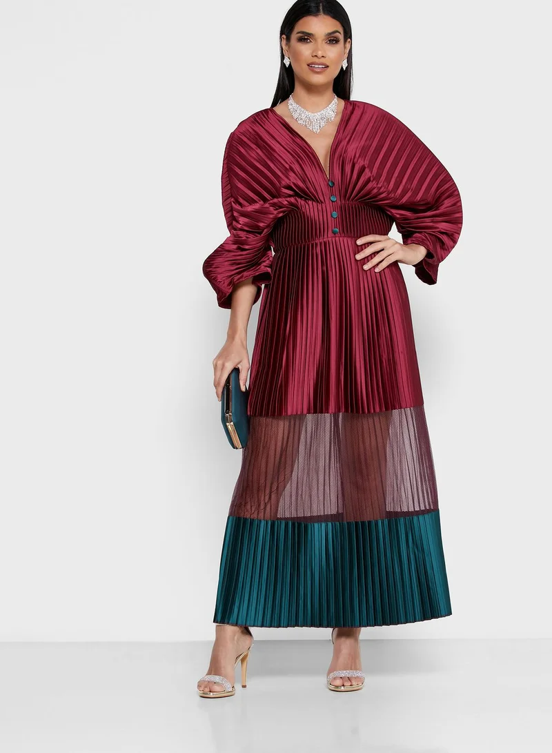 Threadz by Ajooni Button Down Plunge Pleated Dress