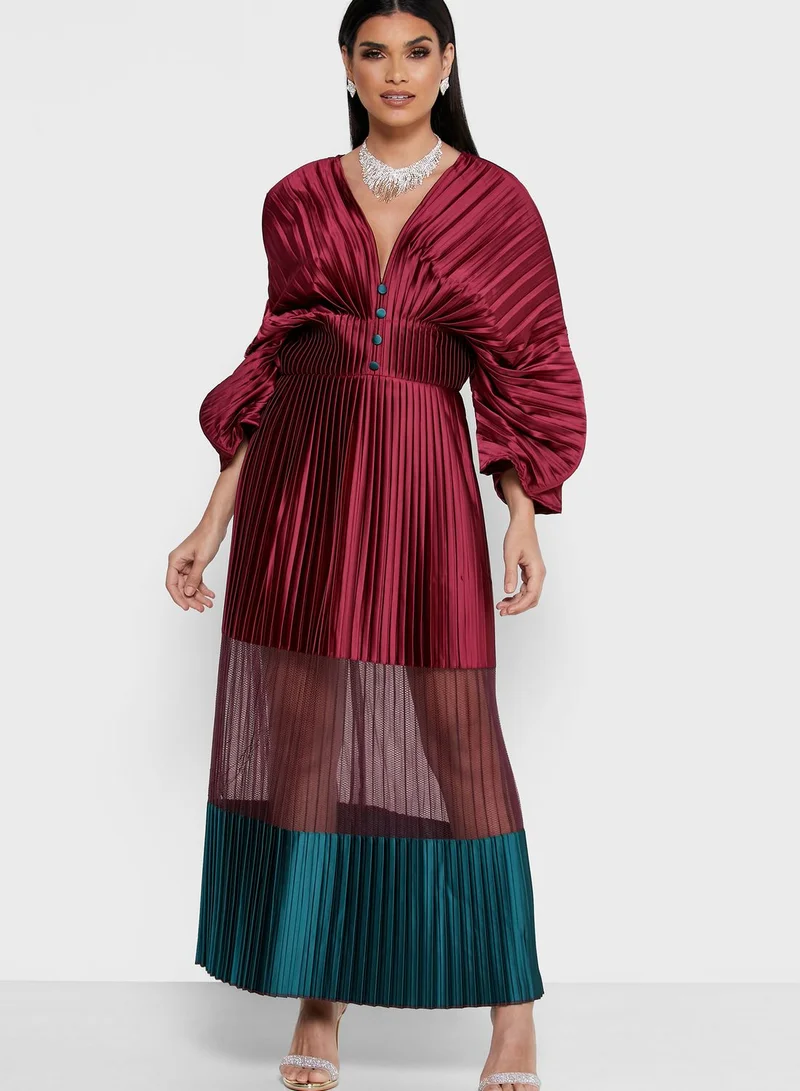 Threadz by Ajooni Button Down Plunge Pleated Dress