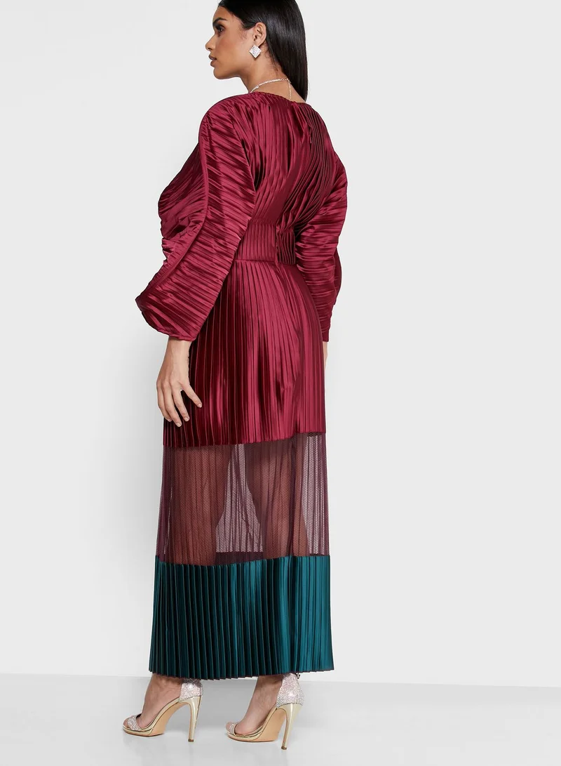 Threadz by Ajooni Button Down Plunge Pleated Dress