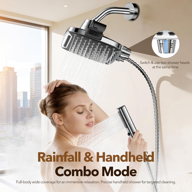 JDO High Pressure Rain Shower Head with Handheld Spray, 7 Modes Dual Shower Head Combo, 12 Inch Rainfall Showerhead Detachable, Power Wash for Bathroom Cleaning - Image 2