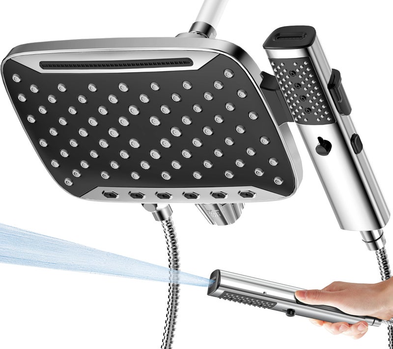 JDO High Pressure Rain Shower Head with Handheld Spray, 7 Modes Dual Shower Head Combo, 12 Inch Rainfall Showerhead Detachable, Power Wash for Bathroom Cleaning - Image 1