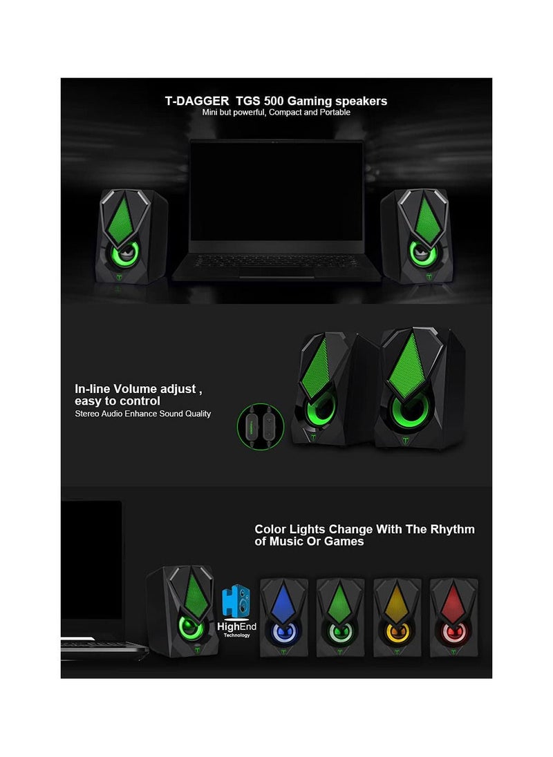 T-DAGGER - T-DAGGER T-TGS500 (Colour Box) 2 x 3W 3.5mm Gaming Speakers With RGB Backlit LED USB Powered For PC - Image 1