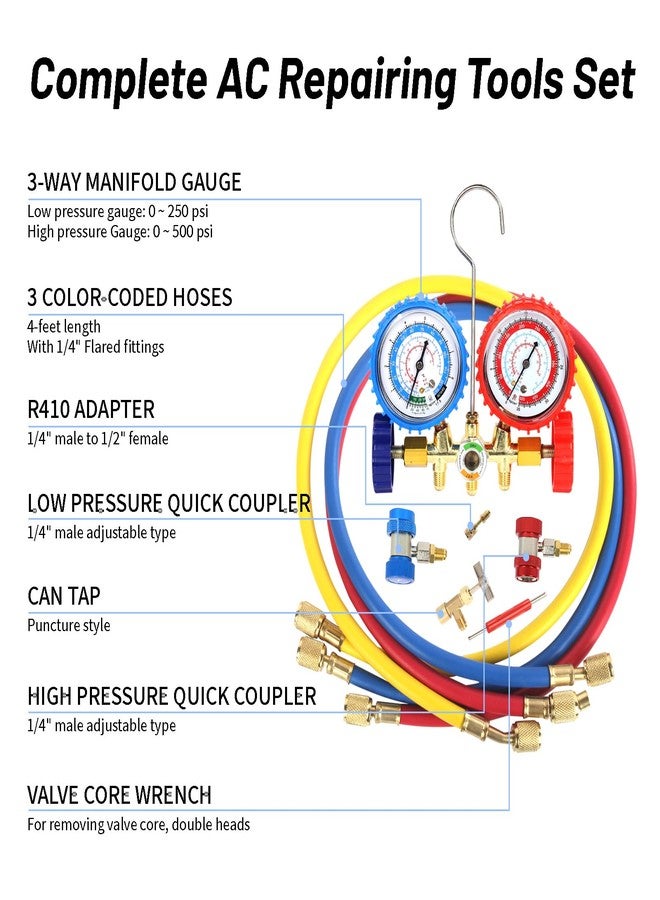 PB Motor Tech BMT PB Motor Tech 3 Way AC Manifold Gauge Set for R134A, R12, R22 & R502 Refrigerants with Quick Couplers, 410 Adapter, Puncturing Can Tap & Valve Core Tool, for Automotive & Household AC Maintenance - Image 2