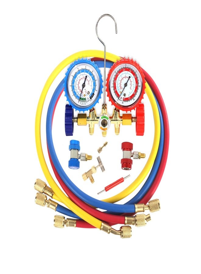 PB Motor Tech BMT PB Motor Tech 3 Way AC Manifold Gauge Set for R134A, R12, R22 & R502 Refrigerants with Quick Couplers, 410 Adapter, Puncturing Can Tap & Valve Core Tool, for Automotive & Household AC Maintenance - Image 1