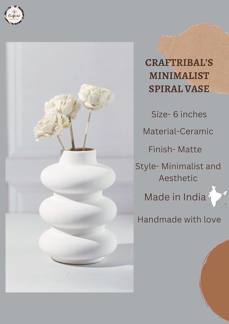 Craftribal White Ceramic Vase Minimalist Spiral Vase Small Vase Office Desk Pampass Grass VaseHome Decor CentrepieceSize6 inches - Image 3