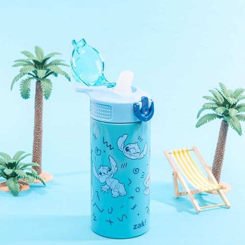 Zak Designs Disney Sage Kids Water Bottle For School or Travel, 14oz Stainless Steel Water Bottle With Straw, Handle, and Leak-Proof, Pop-Up Spout Cover (Stitch) - Image 2