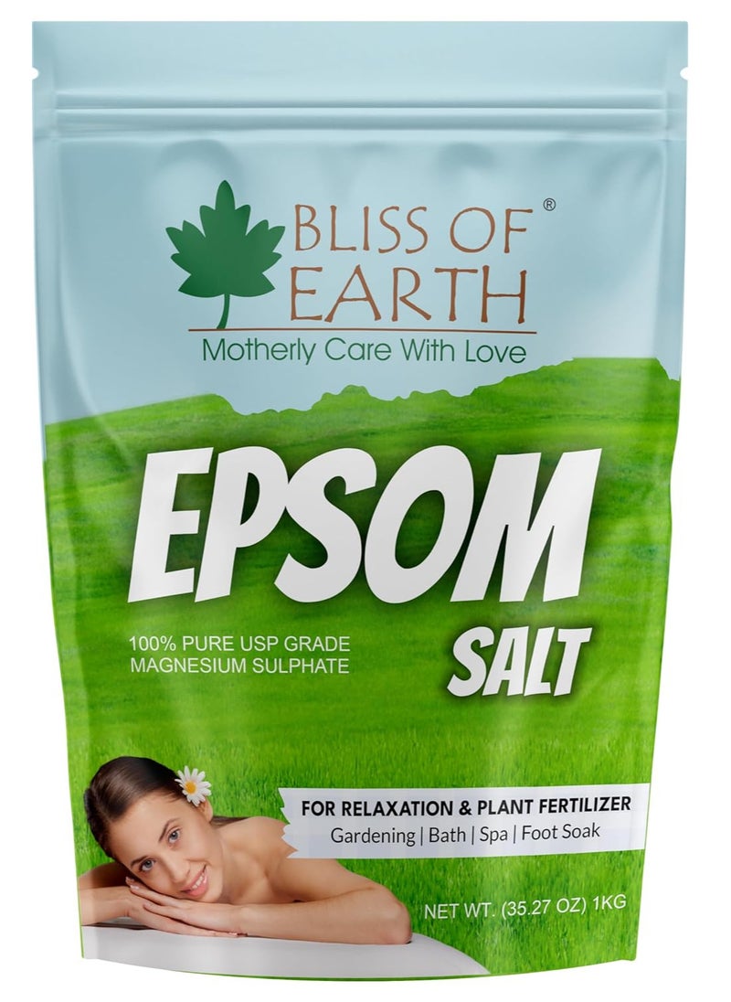 BLISS OF EARTH Epsom Salt for Bath Plants and Foot Soak Natural Magnesium Sulfate Relaxing Soak for Muscle Relief Aromatherapy Vegan Cruelty Free 1KG  - Image 1