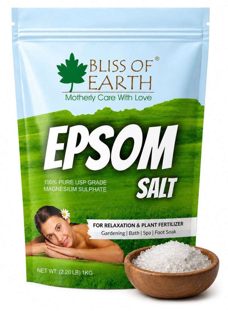 Bliss of Earth Epsom Salt 1 kg | Bath Salt for Sore Muscles Relaxation & Foot Soaks | Quick Dissolving Epsom Salt for Home Spa, Pedicure & Post-workout Bath | Multipurpose Magnesium Sulfate for Gardening & Plant Care - Image 1