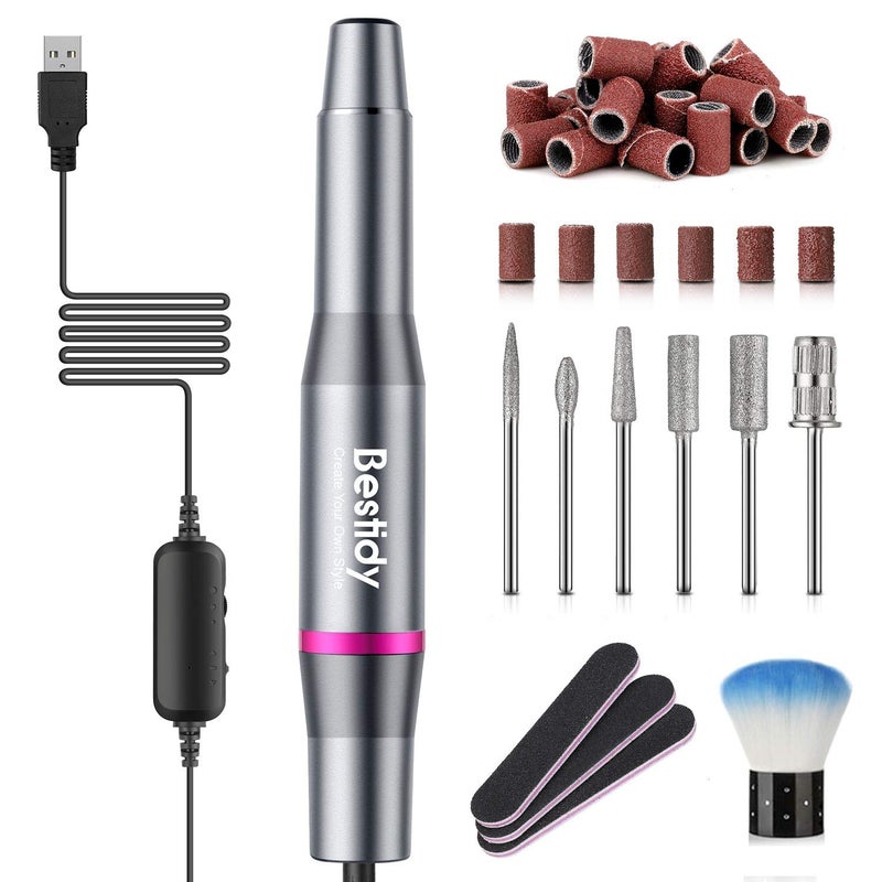 Bestidy Best Gift Electric Nail Drill Kit USB Manicure Pen Sander Polisher with 6 Pieces Changeable Drills and Sand Bands for Exfoliating Polishing Nail Removing Acrylic Nail Tools BBlack
