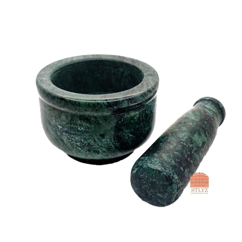 STLYZ Green Marble Granite Imam Dasta Mortar and Pestle Set Ohkli Musal Kharalkhalbatta or Mixer and Grinder Set for Kitchen Greem 4x3 Inchs - Image 2