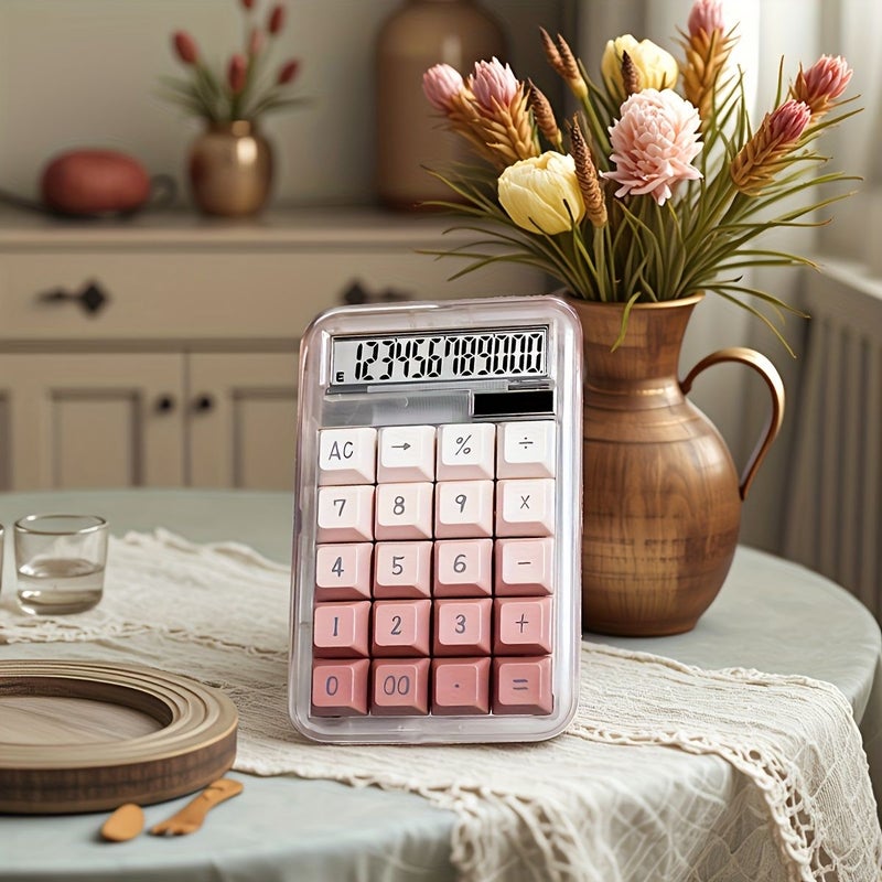 Desktop Mechanical Button Calculator With 12 Digit Large LCD Display Pink Dual Power Supply Solar Battery Large Buttons Easy Press Colorful Transparent Candy Calculator Auto Sleep Office School Home Battery Not Included - Image 4