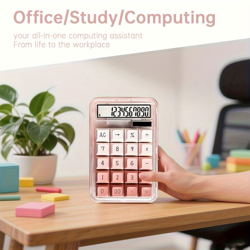 Desktop Mechanical Button Calculator With 12 Digit Large LCD Display Pink Dual Power Supply Solar Battery Large Buttons Easy Press Colorful Transparent Candy Calculator Auto Sleep Office School Home Battery Not Included - Image 5