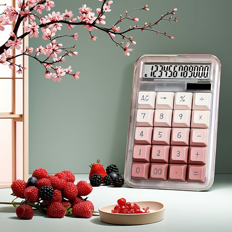 Desktop Mechanical Button Calculator With 12 Digit Large LCD Display Pink Dual Power Supply Solar Battery Large Buttons Easy Press Colorful Transparent Candy Calculator Auto Sleep Office School Home Battery Not Included - Image 2