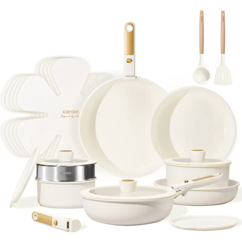 CAROTE Carote 21-Piece Ceramic Cookware Set with Detachable Handle, Stackable Pots & Pans with Lids, PFAS-Free Nonstick Healthy Cooking Set, All Kitchen Stovetop Compatible, Dishwasher Safe (White)