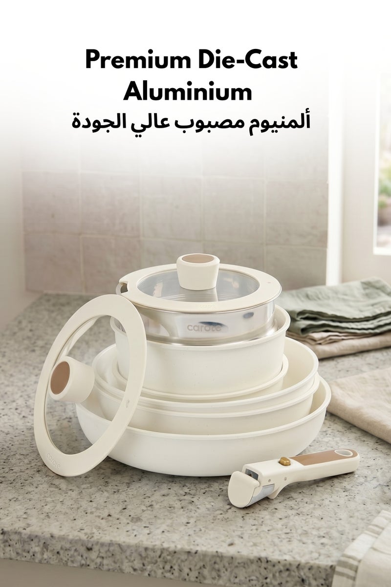 كاروت طقم أواني كاروت 21 قطعة سيراميك غير لاصق بمقابض قابلة للفصل، تصميم قابل للتكديس مع أغطية، خالٍ من PFAS لطهي صحي، متوافق مع جميع المواقد وآمن لغسالة الصحون (أبيض) - Image 5