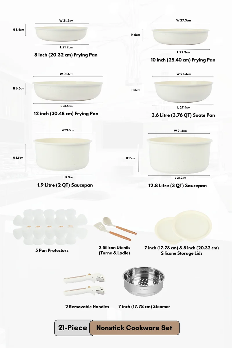 CAROTE Carote 21-Piece Ceramic Cookware Set with Detachable Handle, Stackable Pots & Pans with Lids, PFAS-Free Nonstick Healthy Cooking Set, All Kitchen Stovetop Compatible, Dishwasher Safe (White)