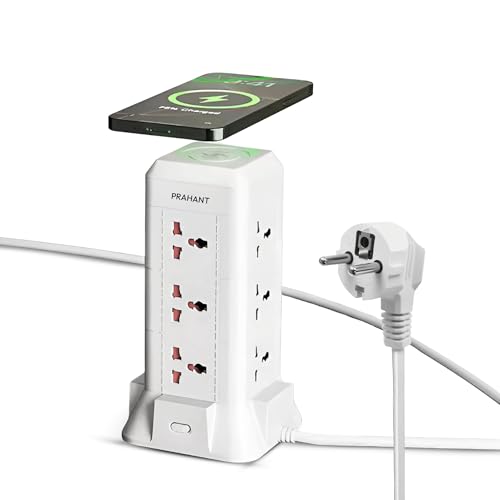PRAHANT 16 in 1 Universal Multi Sockets Tower Extension Boards,12 Sockets,2 USB Port,1 Type C Port,with Surge Protection,Smart Energy Saving,1.8M Extension Cords,with Wireless Charging Point - Image 1