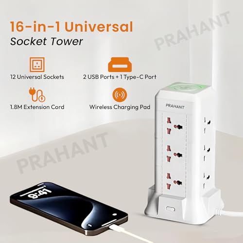 PRAHANT 16 in 1 Universal Multi Sockets Tower Extension Boards,12 Sockets,2 USB Port,1 Type C Port,with Surge Protection,Smart Energy Saving,1.8M Extension Cords,with Wireless Charging Point - Image 2