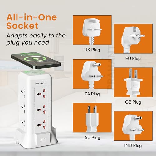 PRAHANT 16 in 1 Universal Multi Sockets Tower Extension Boards,12 Sockets,2 USB Port,1 Type C Port,with Surge Protection,Smart Energy Saving,1.8M Extension Cords,with Wireless Charging Point - Image 3