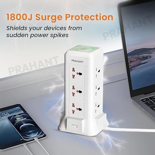 PRAHANT 16 in 1 Universal Multi Sockets Tower Extension Boards,12 Sockets,2 USB Port,1 Type C Port,with Surge Protection,Smart Energy Saving,1.8M Extension Cords,with Wireless Charging Point - Image 4