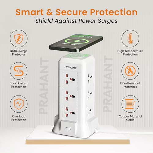PRAHANT 16 in 1 Universal Multi Sockets Tower Extension Boards,12 Sockets,2 USB Port,1 Type C Port,with Surge Protection,Smart Energy Saving,1.8M Extension Cords,with Wireless Charging Point - Image 5