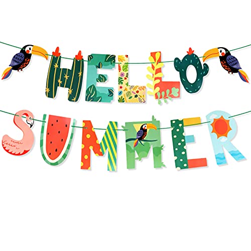 HOWAF Hello Summer Banner Tropical Flamingo Parrot Theme Summer Beach Pool Party Decorations Hello Summer Decorations for Home Office Hello Summer Birthday Party Decorations - Image 1