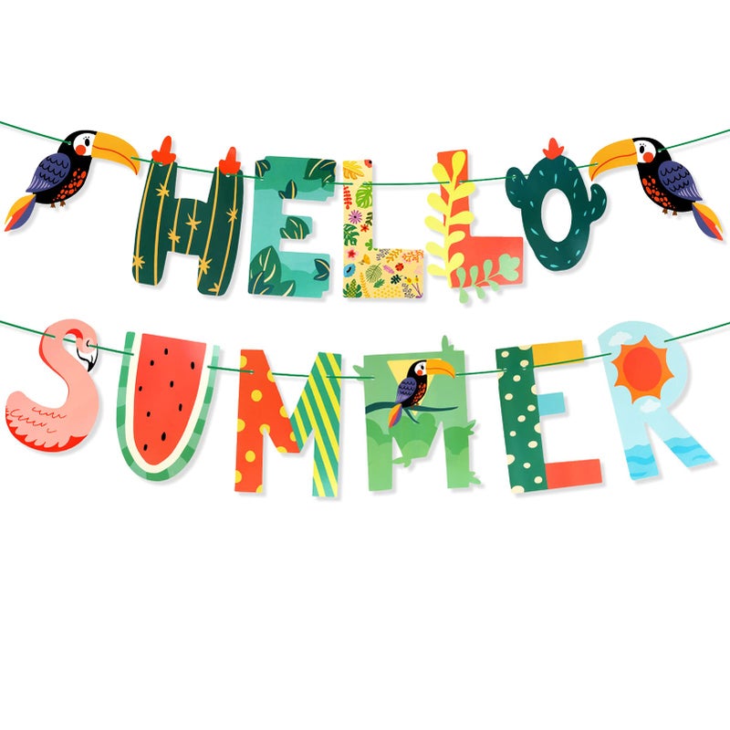 HOWAF Hello Summer Banner Tropical Flamingo Parrot Theme Summer Beach Pool Party Decorations Hello Summer Decorations for Home Office Hello Summer Birthday Party Decorations - Image 3