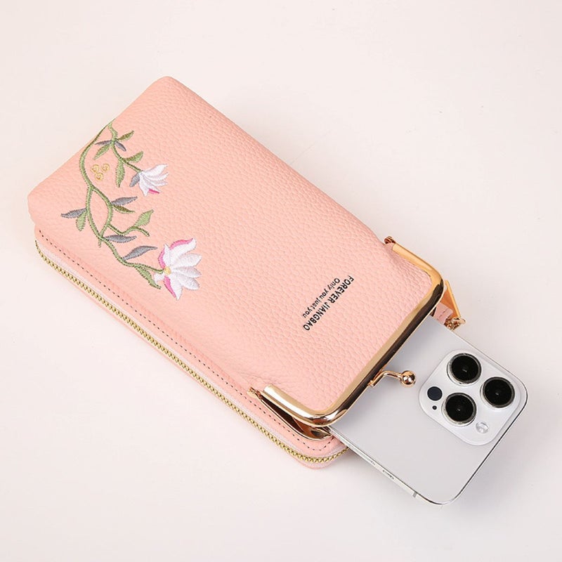 Chinese Painting Lotus Embroidery Clip Bag Fresh Fashion Ladies Slung Shoulder Mobile Phone Bag Litchi Pattern Vertical Coin Purse - Image 3