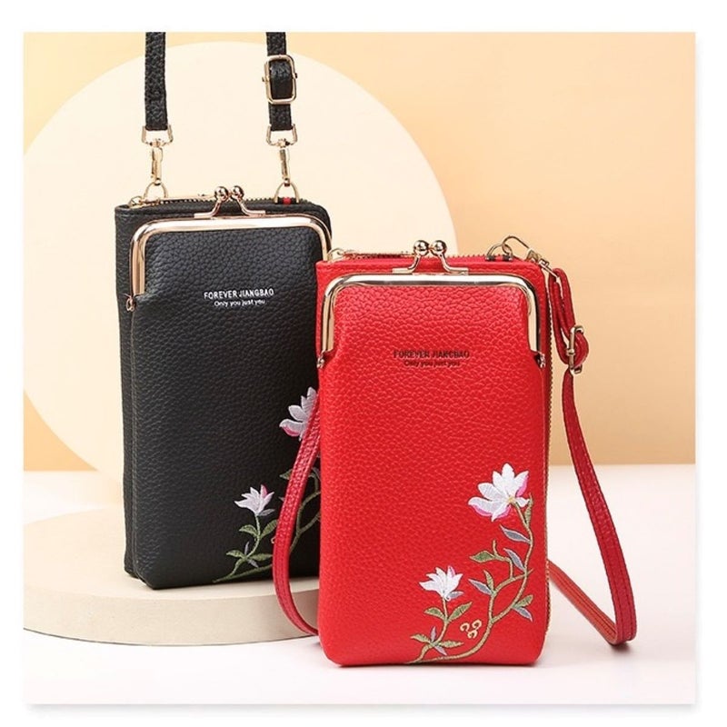 Chinese Painting Lotus Embroidery Clip Bag Fresh Fashion Ladies Slung Shoulder Mobile Phone Bag Litchi Pattern Vertical Coin Purse - Image 2