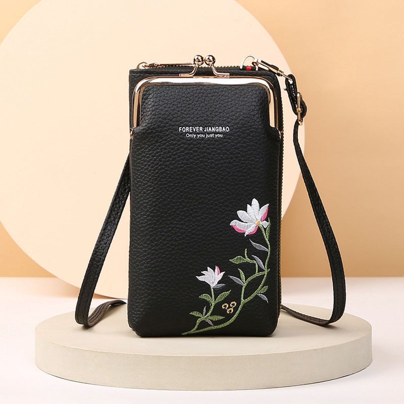 Chinese Painting Lotus Embroidery Clip Bag Fresh Fashion Ladies Slung Shoulder Mobile Phone Bag Litchi Pattern Vertical Coin Purse - Image 1