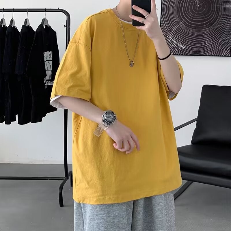 Summer Short-Sleeved T-Shirt Men's Loose Pure Color Versatile Youth Summer Hong Kong Style Bottoming Shirt Five-Quarter Sleeve Top - Image 2