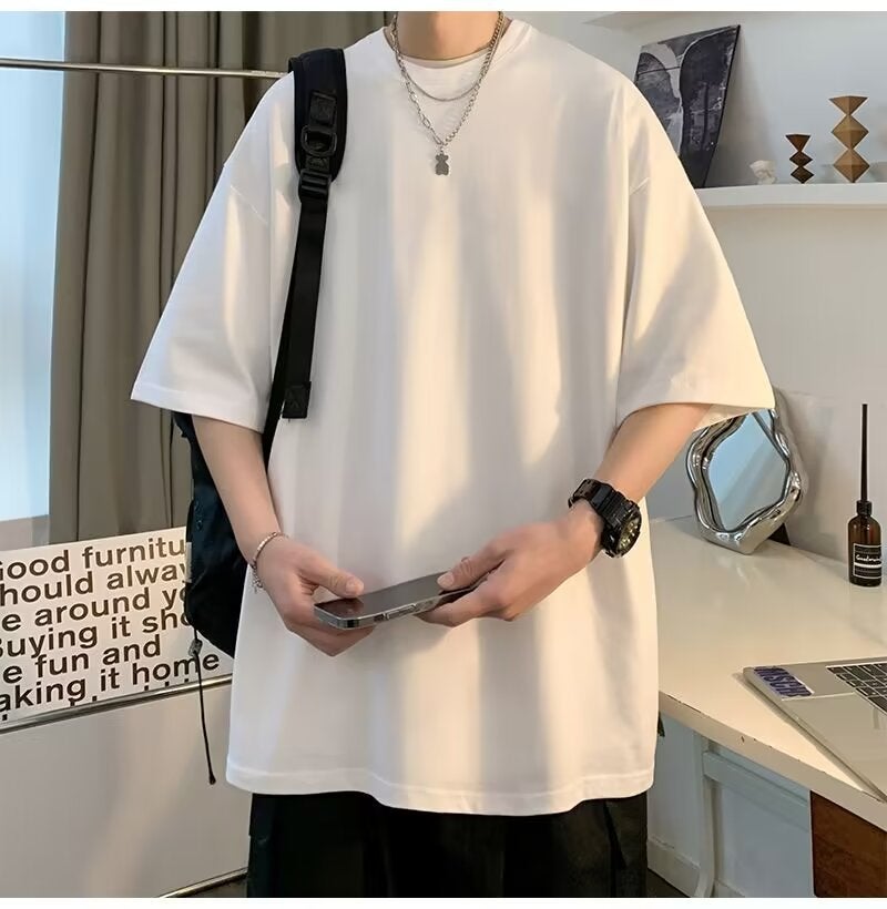Summer Short-Sleeved T-Shirt Men's Loose Pure Color Versatile Youth Summer Hong Kong Style Bottoming Shirt Five-Quarter Sleeve Top - Image 5
