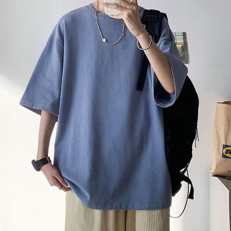 Summer Short-Sleeved T-Shirt Men's Loose Pure Color Versatile Youth Summer Hong Kong Style Bottoming Shirt Five-Quarter Sleeve Top - Image 1