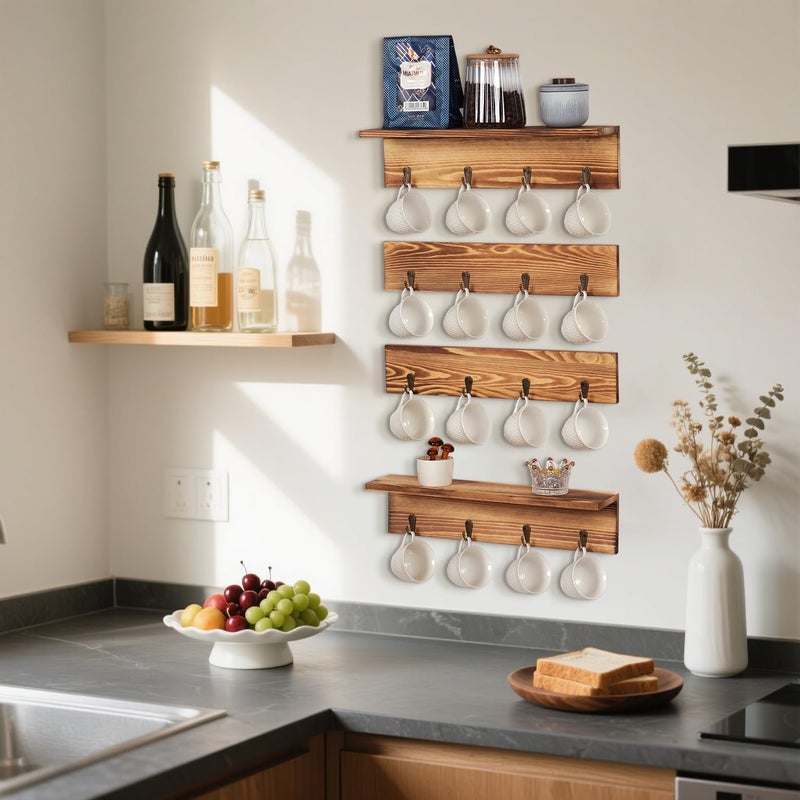 TRSPCWR Coffee Mug Rack Wall Mounted - Coffee Mug Holder with 16 Hooks and Display Shelf, 4 Tier Rustic Wood Bar Cup Organizer for Home Kitchen Display and Collection - Image 4