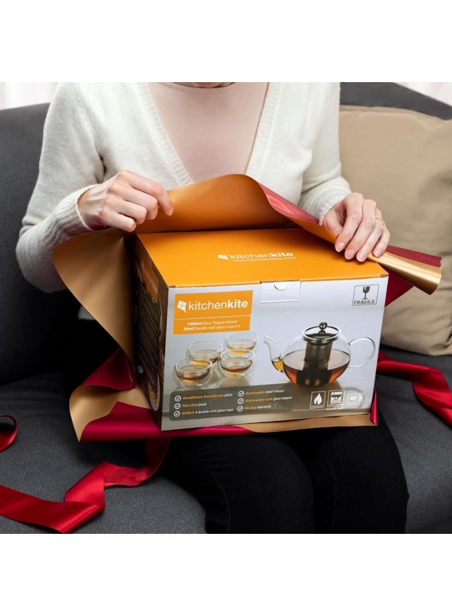 Kitchen Kite طقم إبريق شاي زجاجي من كيتشين كايت مع 4 أكواب شاي مزدوجة الجدار وفلتر ستانلس ستيل قابل للإزالة - آمن للاستخدام في الميكروويف وغسالة الصحون، شاي أوراق فضفاضة متفتحة، هدية صانع الشاي - Image 4