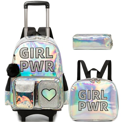 Meetbelify Rolling Backpack for Girls Backpack with Wheels for Elementary Student Kids Carry on Bag with Lunch Box Pencil Case for Girls Ages 6-8 Years Old - Image 1