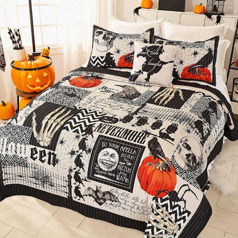EVENHUG Halloween Quilt Set Queen Size Bedspread with Pillow Shams Festival Themed Bedding Sets Pumpkin Ghost Coverlet 4 Piece 90x90