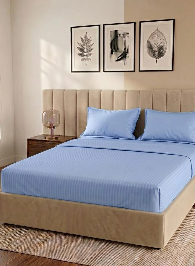 Styli Pack of 3- Stripe King Fitted Bedsheet with Pillow Covers Light Blue