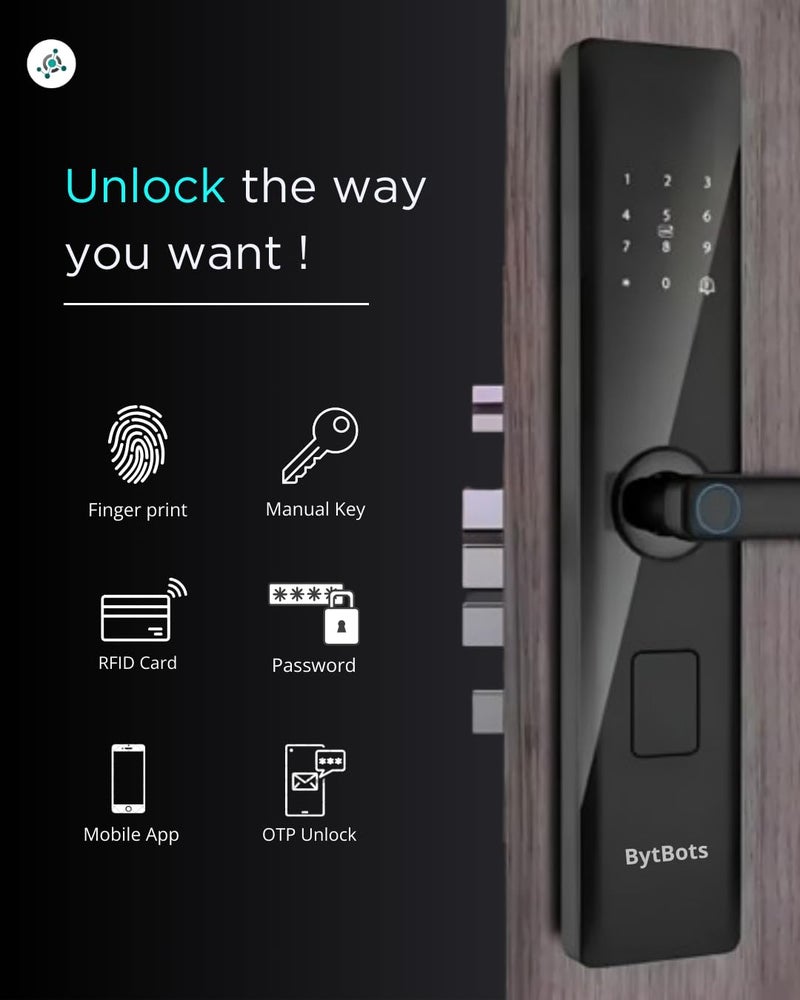 BytBots BytBots Infinity Smart Door Lock 6Way Unlock Fingerprint PIN RFID Card OTP Mobile App WiFi Manual Key 3Years Warranty 5 Bolt Strong Mortis  - Image 3